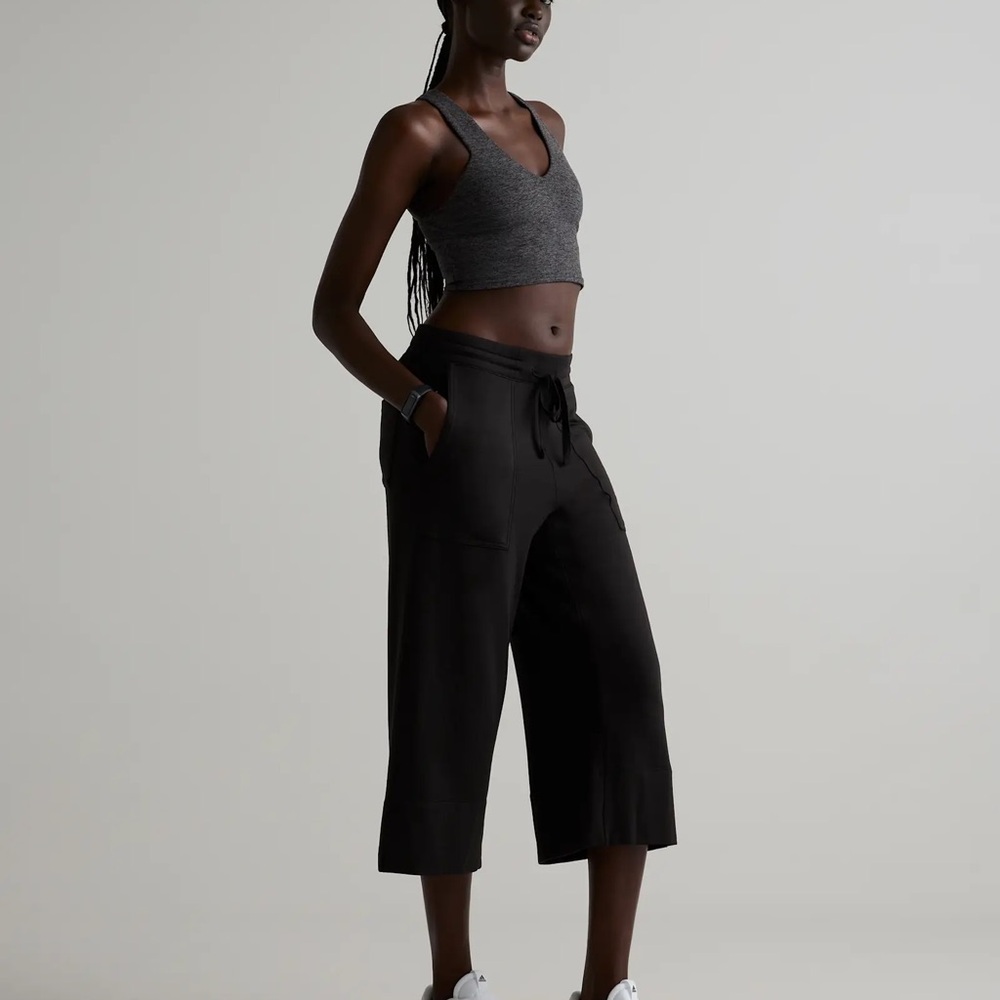 Quince SuperSoft Fleece Cropped Wide Leg Pants - Black Size M